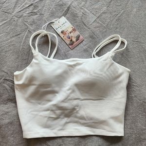 NWT Halara In My Feels Double Strap Twisted Back Crop Top Sports Bra - White